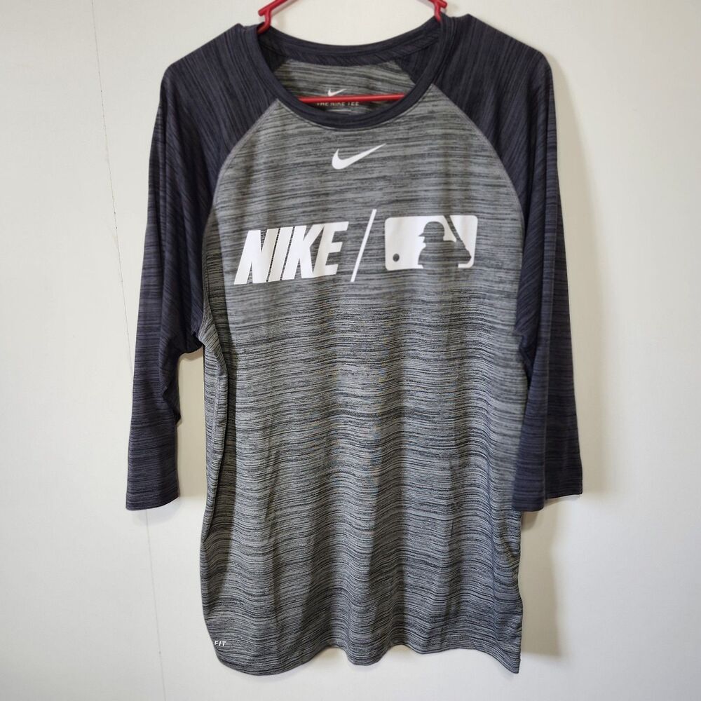 Nike Baseball Shirt Mens Medium Gray Camo Dri-Fit Raglan MLB Spellout Logo